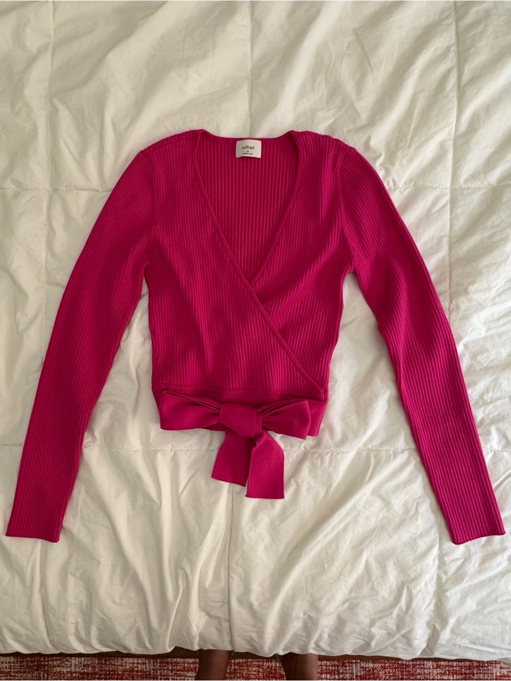 Wilfred Fuchsia Ribbed Wrap V-Neck Cropped Sweater with Tie